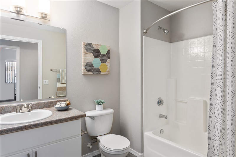 Apartment bathroom — representative home at The Cove Apartments.