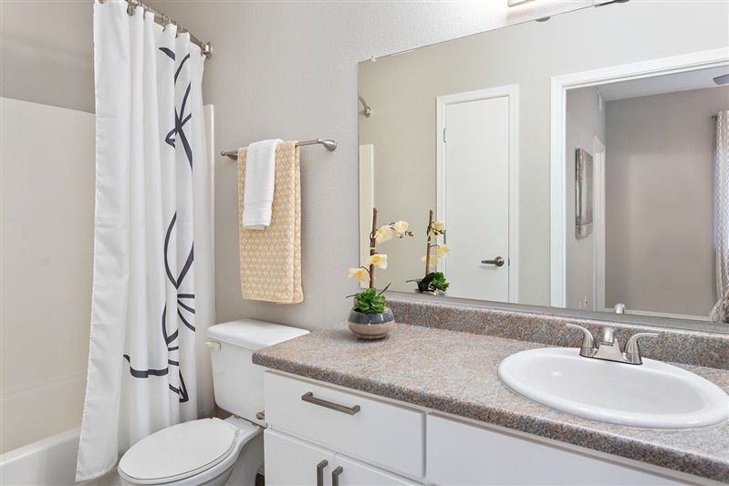 Apartment bathroom — representative home at The Cove Apartments.