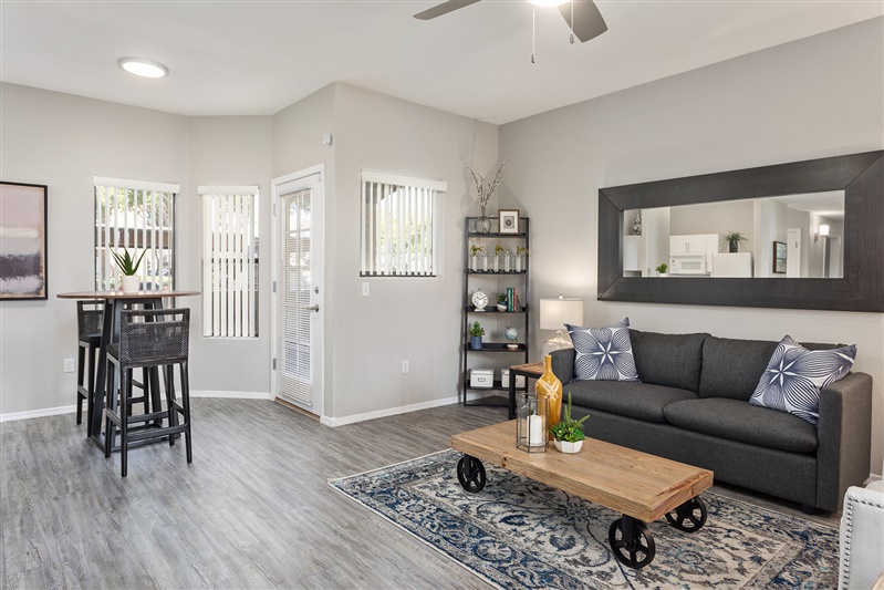 Furnished apartment living area shown — representative home at The Cove Apartments.