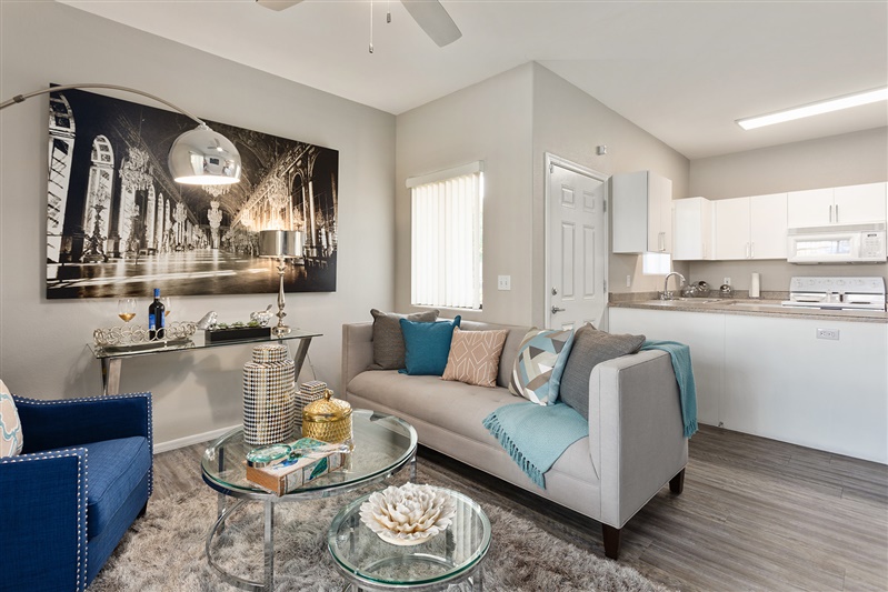 Furnished apartment living area shown — representative home at The Cove Apartments.